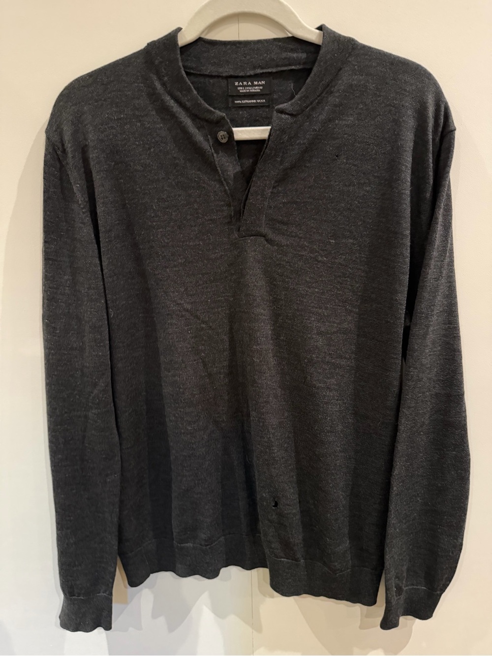Zara Men's Charcoal Henley Wool Crewneck Sweater